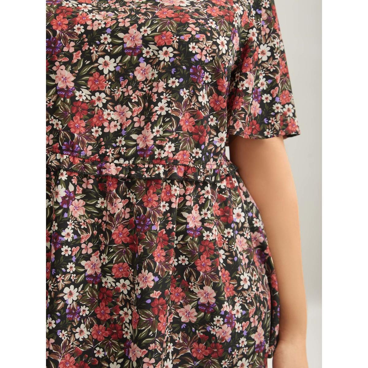 Plus Size Black Floral Ruffled Round Neck Shirt Women Elegant Short sleeve Round Neck Everyday Blouses BloomChic 10/M Product Image