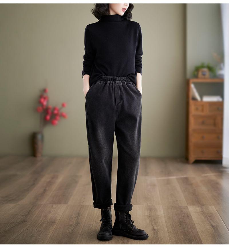 Elastic Waist Fleece-Lined Washed Baggy Jeans Product Image