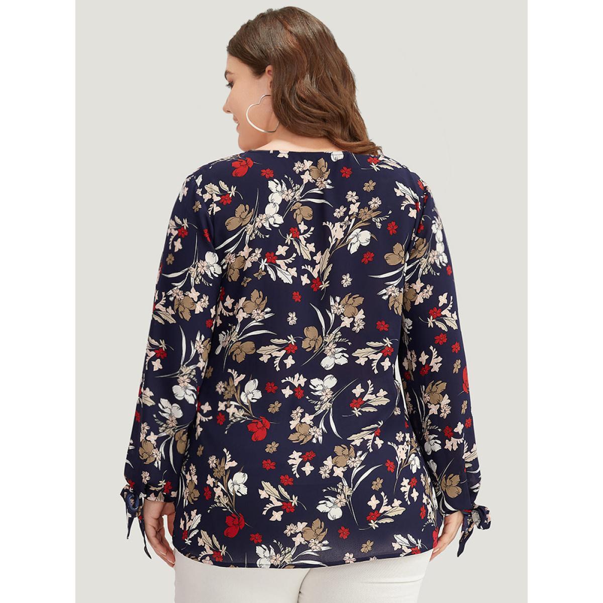 Plus Size Indigo Floral V Neck Wrap Twist Sleeve Blouse Women Elegant Long Sleeve V-neck Dailywear Blouses BloomChic 10/M Product Image