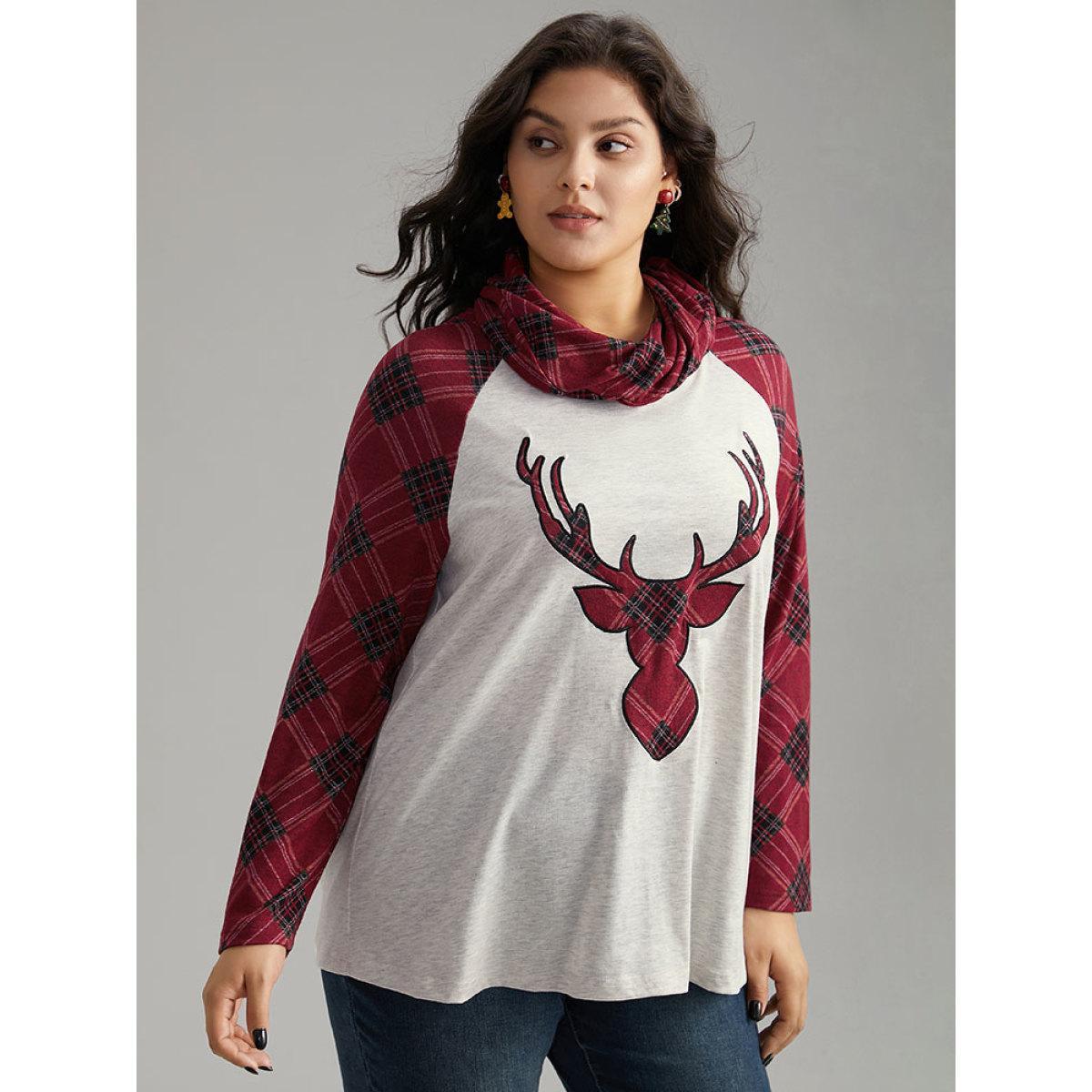 Plus Size Elk Plaid Patchwork Cowl Neck T-shirt LightGray Women Casual Contrast Christmas Cowl Neck Festival-Christmas T-shirts BloomChic 26/4X Product Image