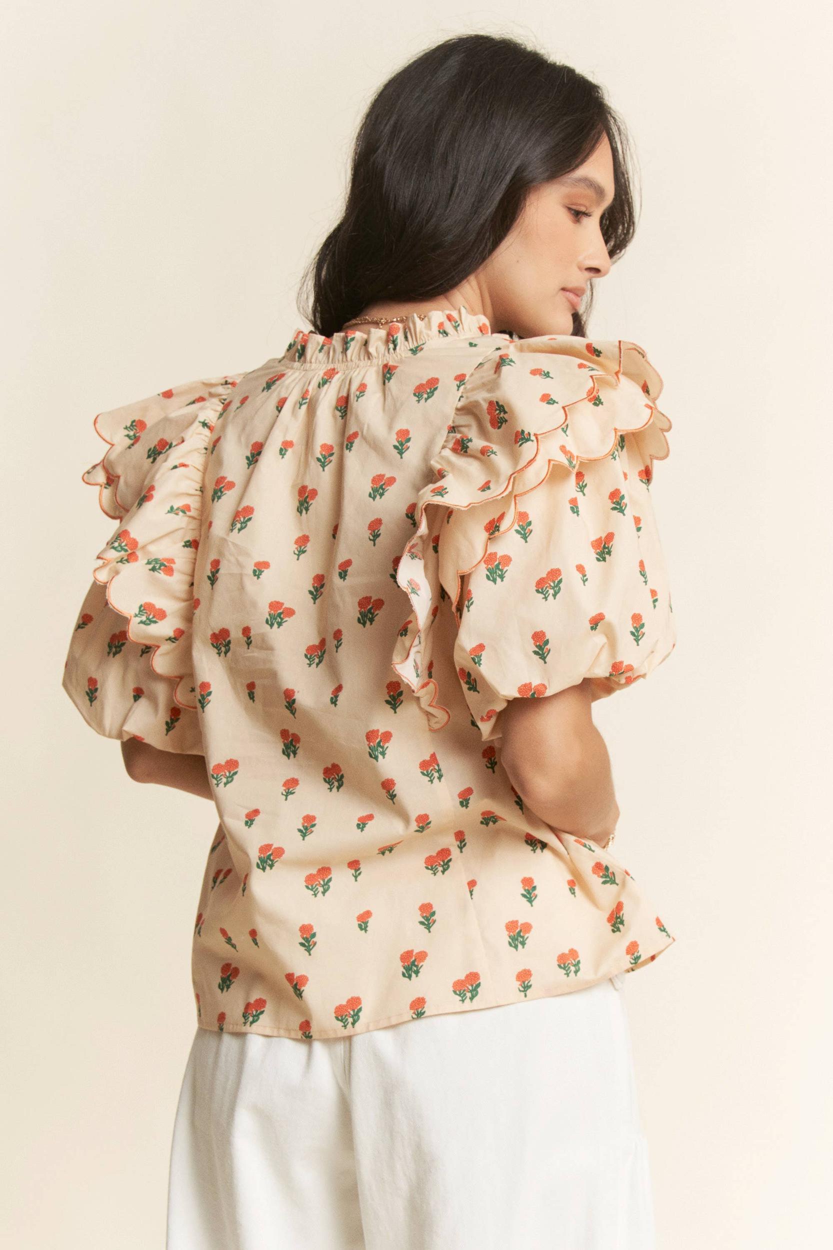 CONTRAST EDGE RUFFLE PUFF SLEEVE BLOUSE TOP: MOCHA BROWN Product Image