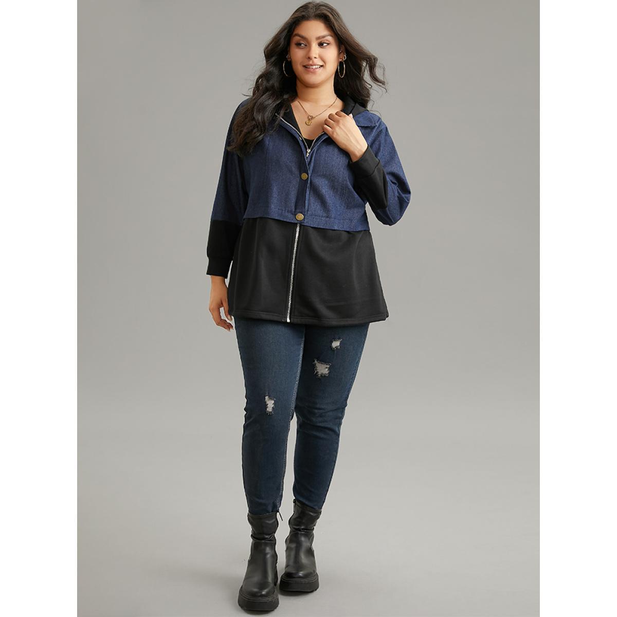 Plus Size Contrast Patchwork Button Up Pocket Zipper Coat Women Black Casual Contrast Ladies Everyday Winter Coats BloomChic 30/6X Product Image