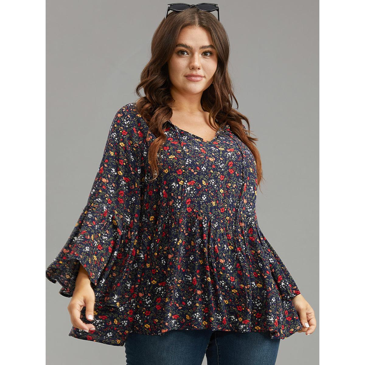 Plus Size Indigo Floral Tie Neck Frill Trim Bell Sleeve Blouse Women Elegant Long Sleeve Tie Neck Dailywear Blouses BloomChic 14-16/1X Product Image