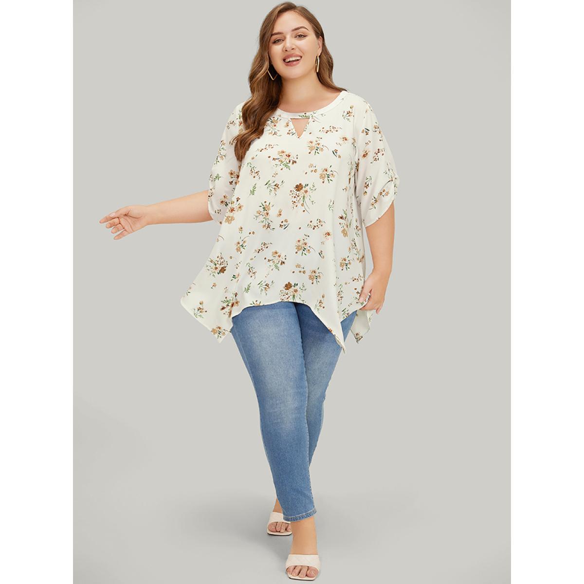 Plus Size White Floral Cuffed Sleeve Hanky Hem Keyhole Neck Blouse Women Elegant Half Sleeve V-neck Dailywear Blouses BloomChic 14-16/1X Product Image