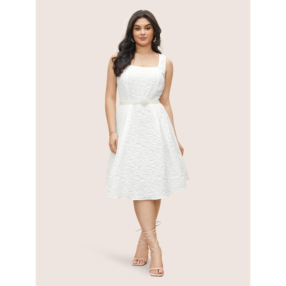Plus Size Textured Solid Pocket Square Neck Tank Dress White Women Elegant Texture Square Neck Sleeveless Curvy Midi Dress BloomChic 26/4X Product Image