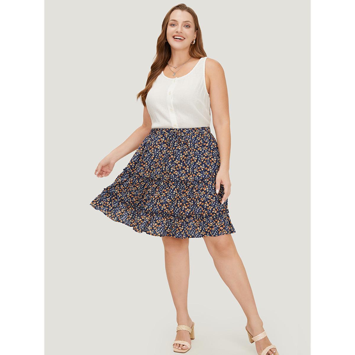 Plus Size Ditsy Floral Ruffle Hem Pocket Frill Trim Skirt Women Indigo Elegant Printed No stretch Dailywear Skirts BloomChic 14-16/1X Product Image