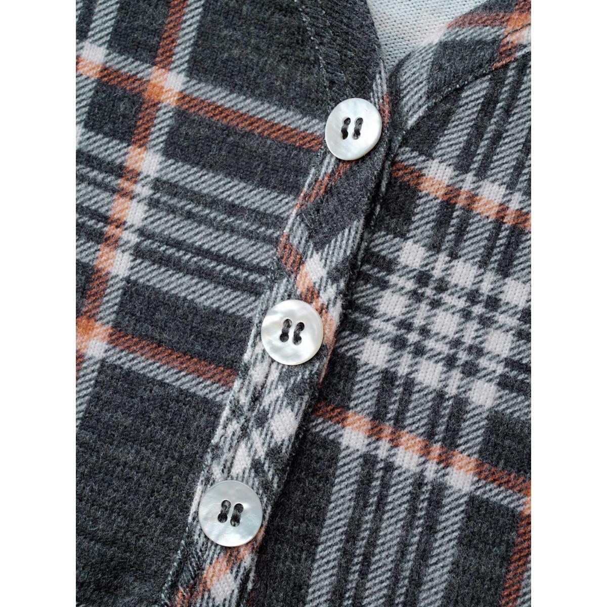 Plus Size Plaid V-neck Full Sleeves Slim-Fit Tee DimGray Women Casual Button V-neck Everyday T-shirts BloomChic 26/4X Product Image