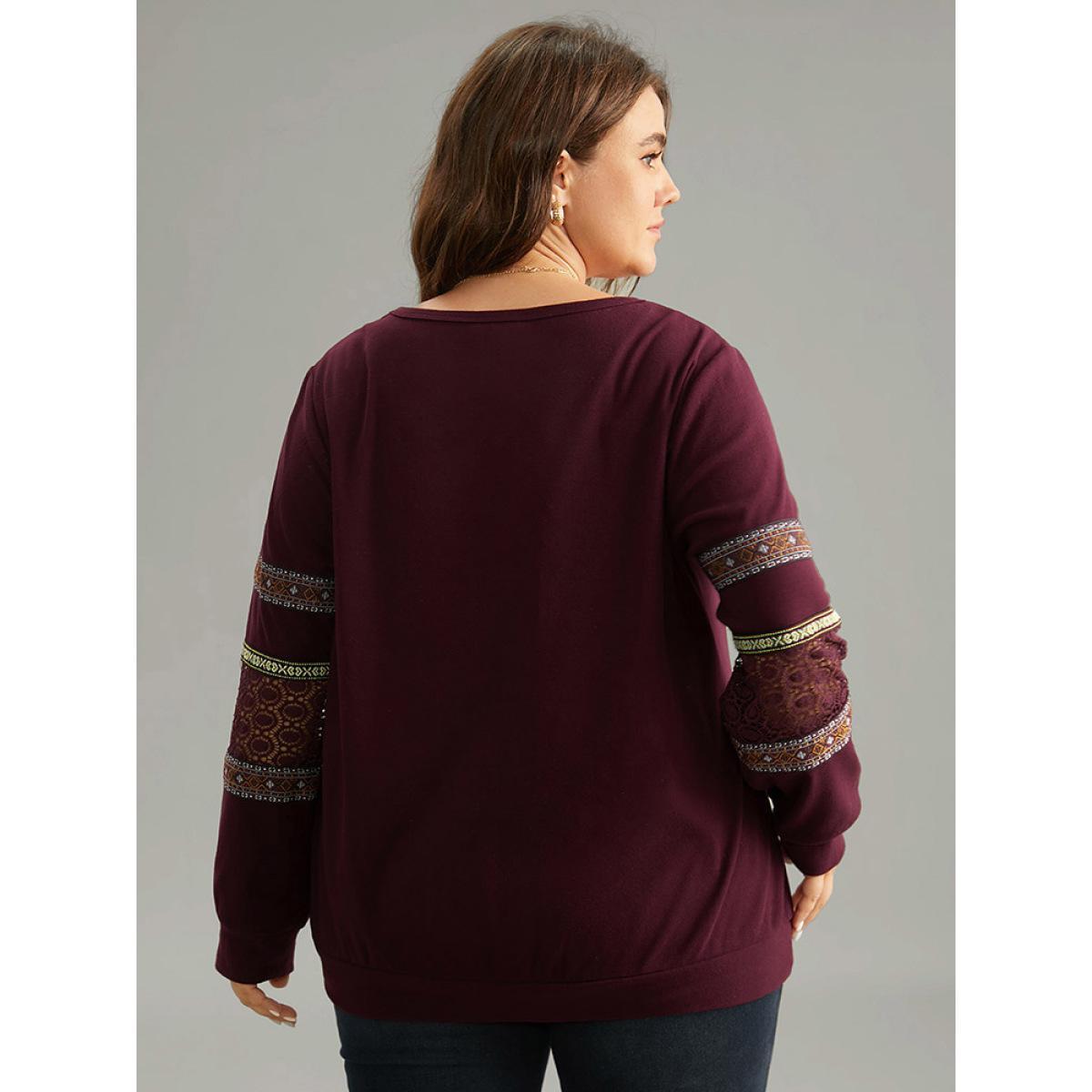 Plus Size Bandana Print Lace Insert Crew Neck Sweatshirt Women Burgundy Elegant Patchwork Round Neck Dailywear Sweatshirts BloomChic 30/6X Product Image