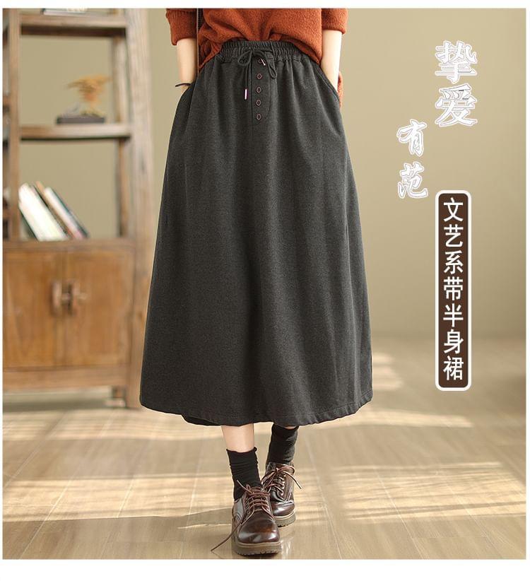 Drawstring Waist Plain Midi A-Line Skirt Product Image