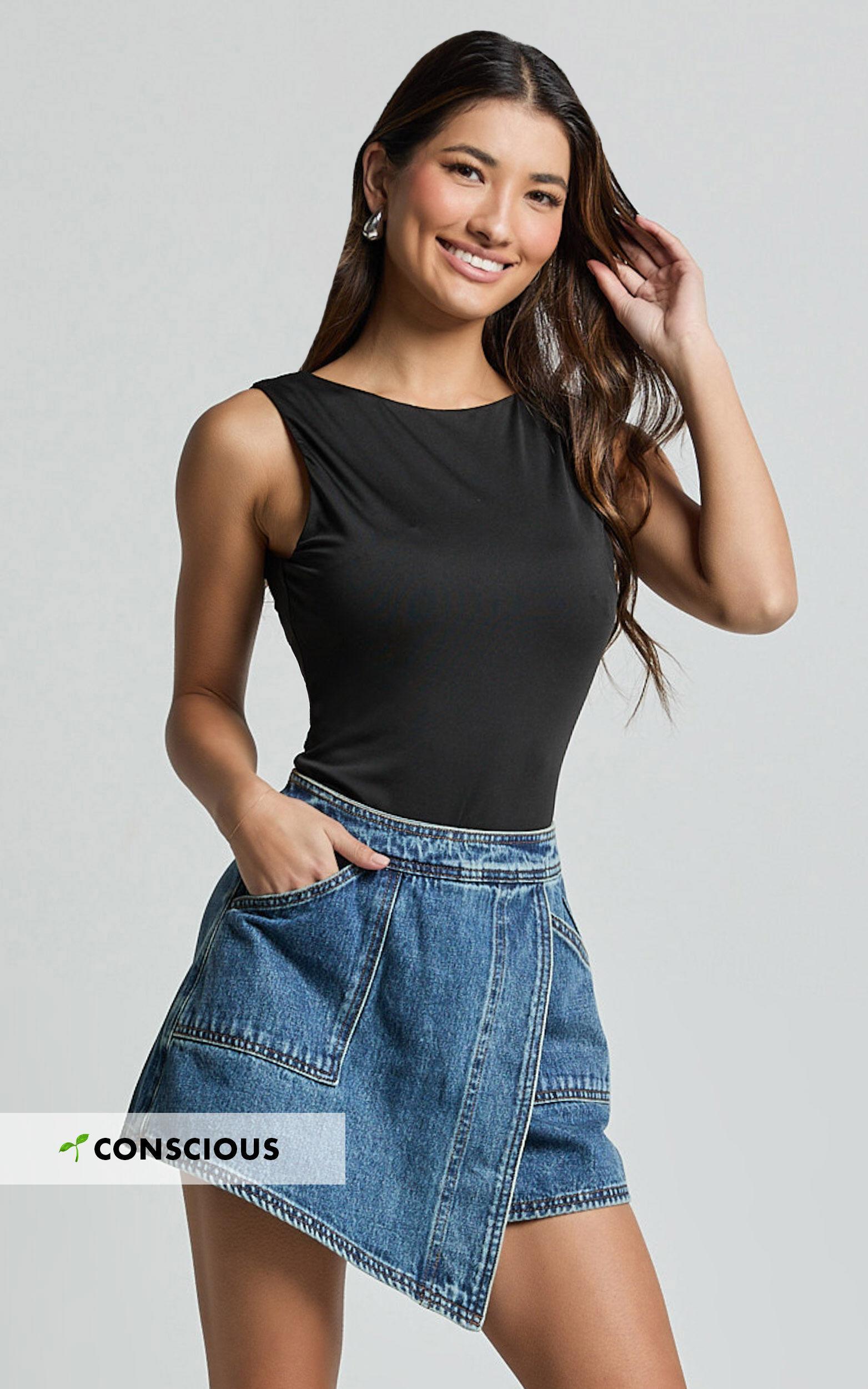 Harleigh Skort - Pocket Detail Wrap Denim Skort in Dark Blue Wash Product Image