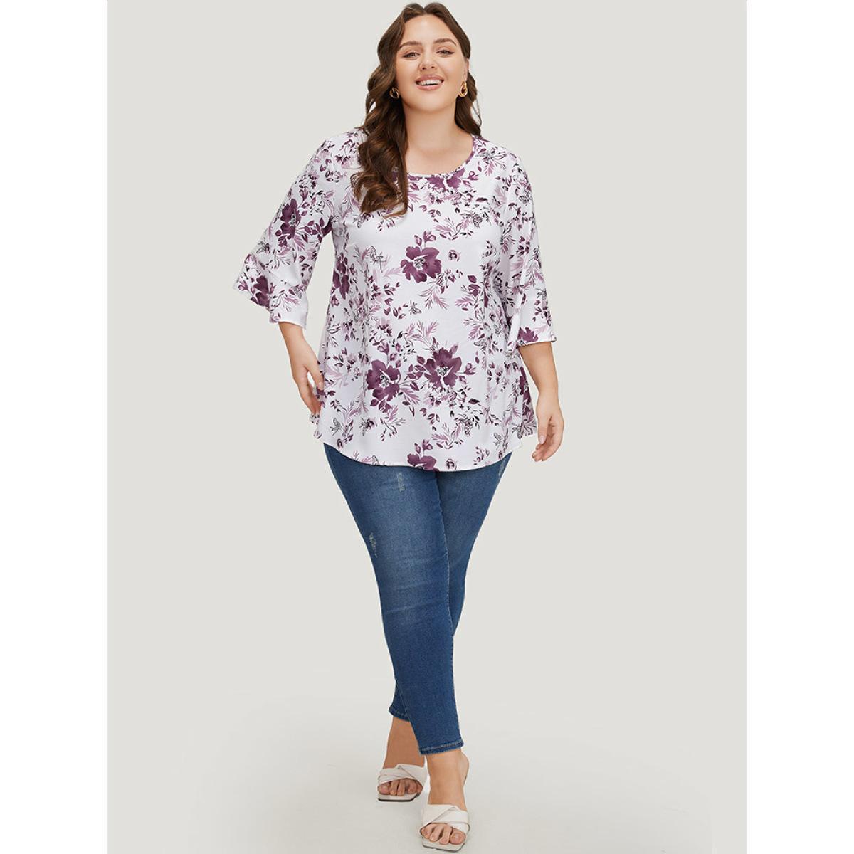 Plus Size Multicolor Floral Print Bell Sleeve Crew Neck Blouse Women Elegant Elbow-length sleeve Round Neck Dailywear Blouses BloomChic 12/L Product Image