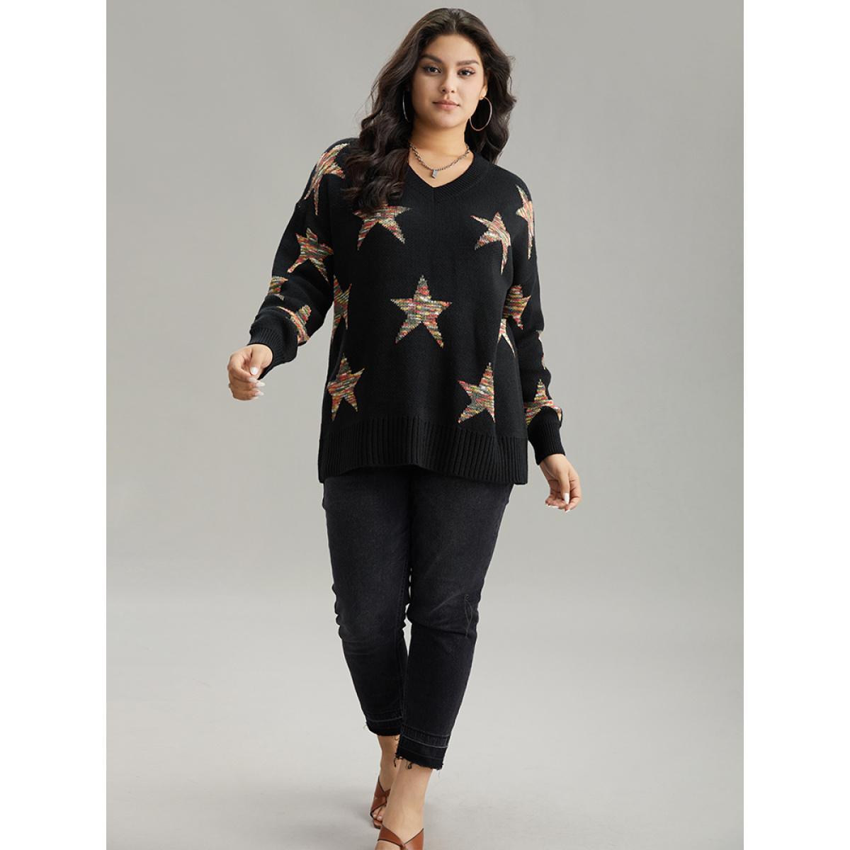 Plus Size Star Heather Elastic Cuffs Pullover Black Women Casual Loose Long Sleeve V-neck Dailywear Pullovers BloomChic 12/L Product Image