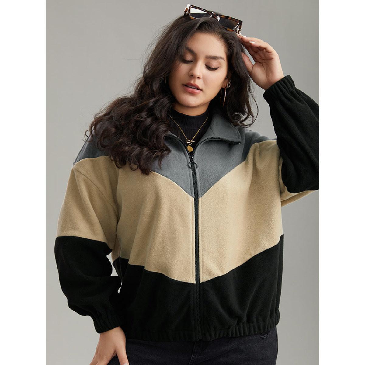 Plus Size Colorblock Contrast Zipper Drop Shoulder Jacket Women Gray Elastic cuffs Dailywear Jackets BloomChic 10/M Product Image