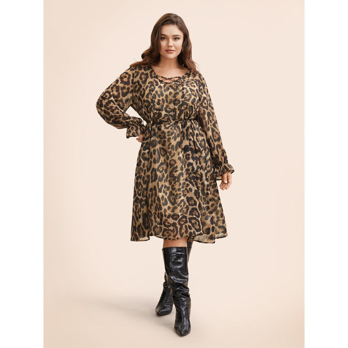 Plus Size Leopard Print Lace Up Lantern Sleeve Dress Leopard Women Elegant Wraparound straps V-neck Long Sleeve Curvy BloomChic 10/M Product Image