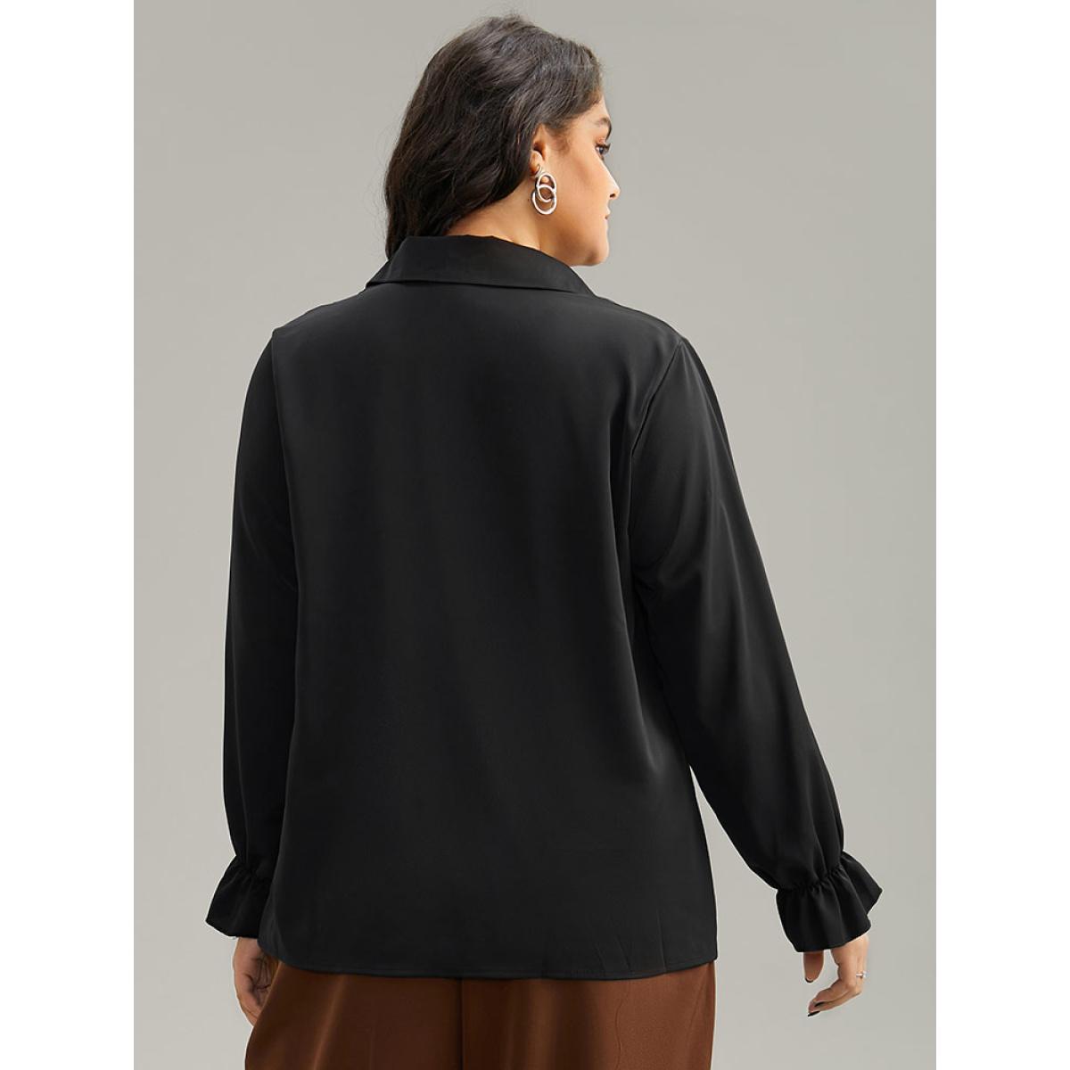 Plus Size Black Static-Free Solid Button Detail Frill Trim Blouse Women Office Long Sleeve Shirt collar Work Blouses BloomChic 22-24/3X Product Image