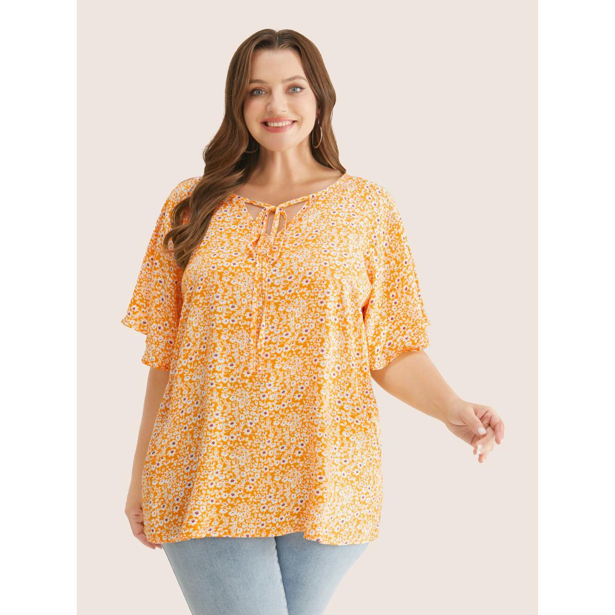 Plus Size Yellow Ditsy Floral Ruffle Sleeve Tie Neck Blouse Women Elegant Short sleeve V-neck Everyday Blouses BloomChic 28/5X Product Image