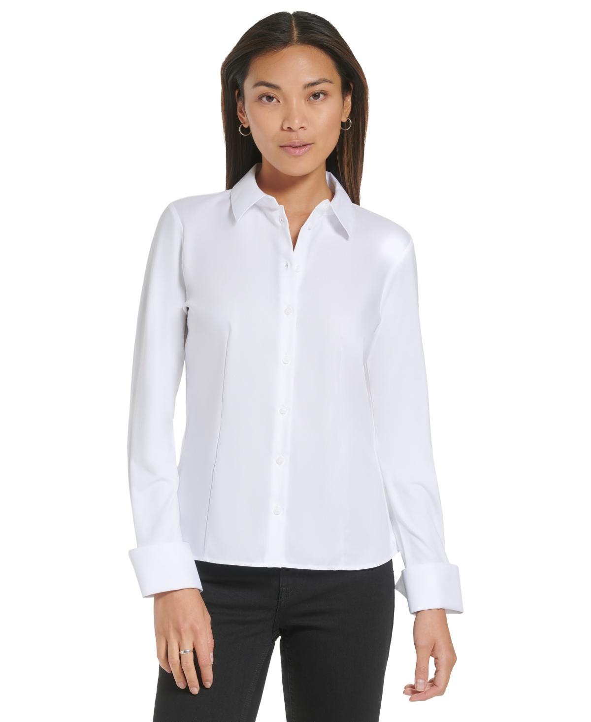 Calvin Klein Point Collar Long Sleeve Button Cuff Mixed Fabric Woven Knit Shirt Product Image