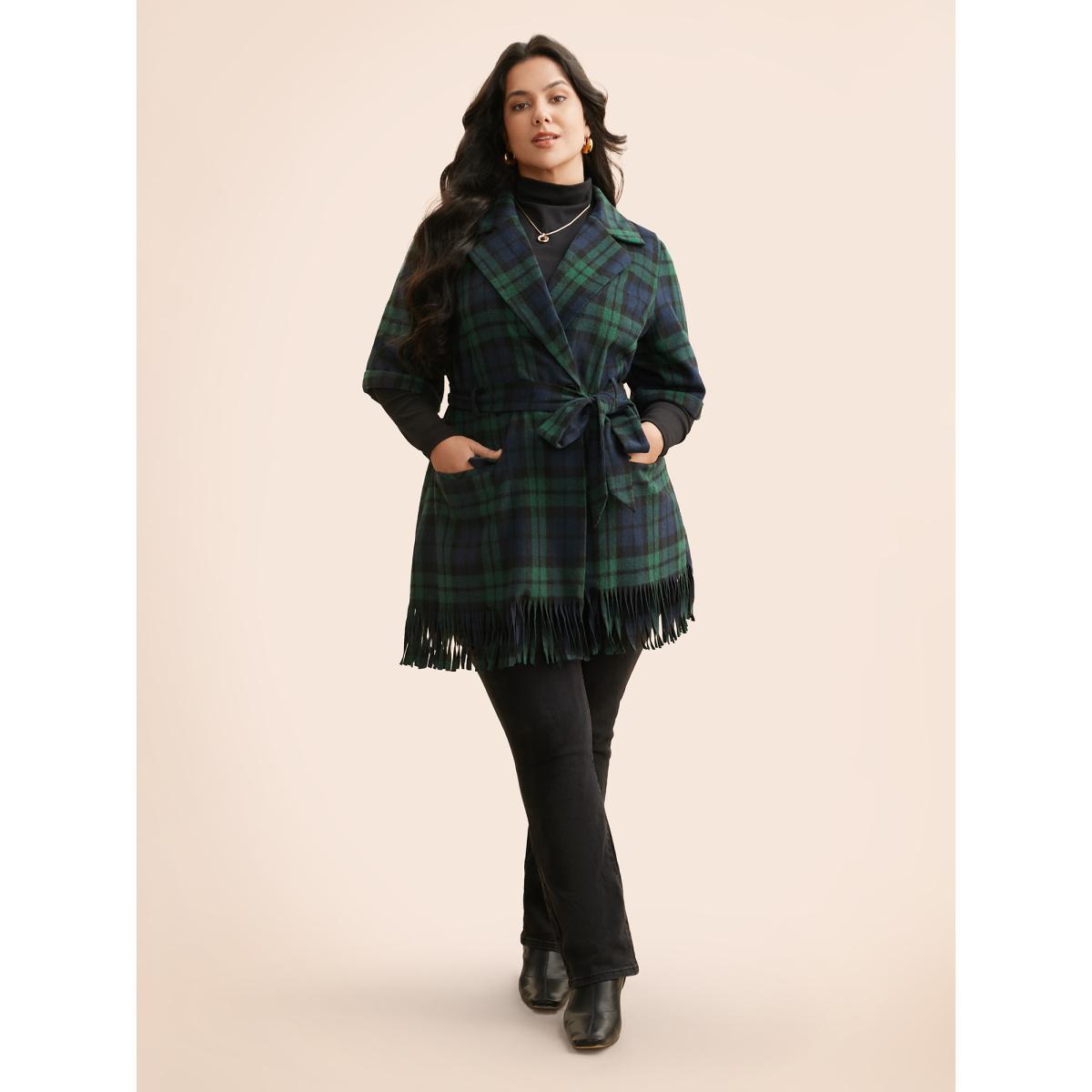 Plus Size Plaid Tassel Trim Pocket Belted Jacket Women Indigo Tassels Loose Open pocket with flap Belt Everyday Jackets BloomChic 18-20/2X Product Image