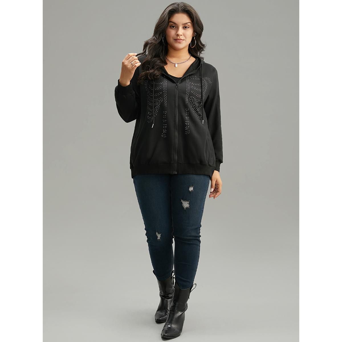 Plus Size Halloween Print Rhinestone Drawstring Hooded Zipper Sweatshirt Women Black Casual Rhinestone detailing Hooded Festival-Halloween Sweatshirts BloomChic 14-16/1X Product Image