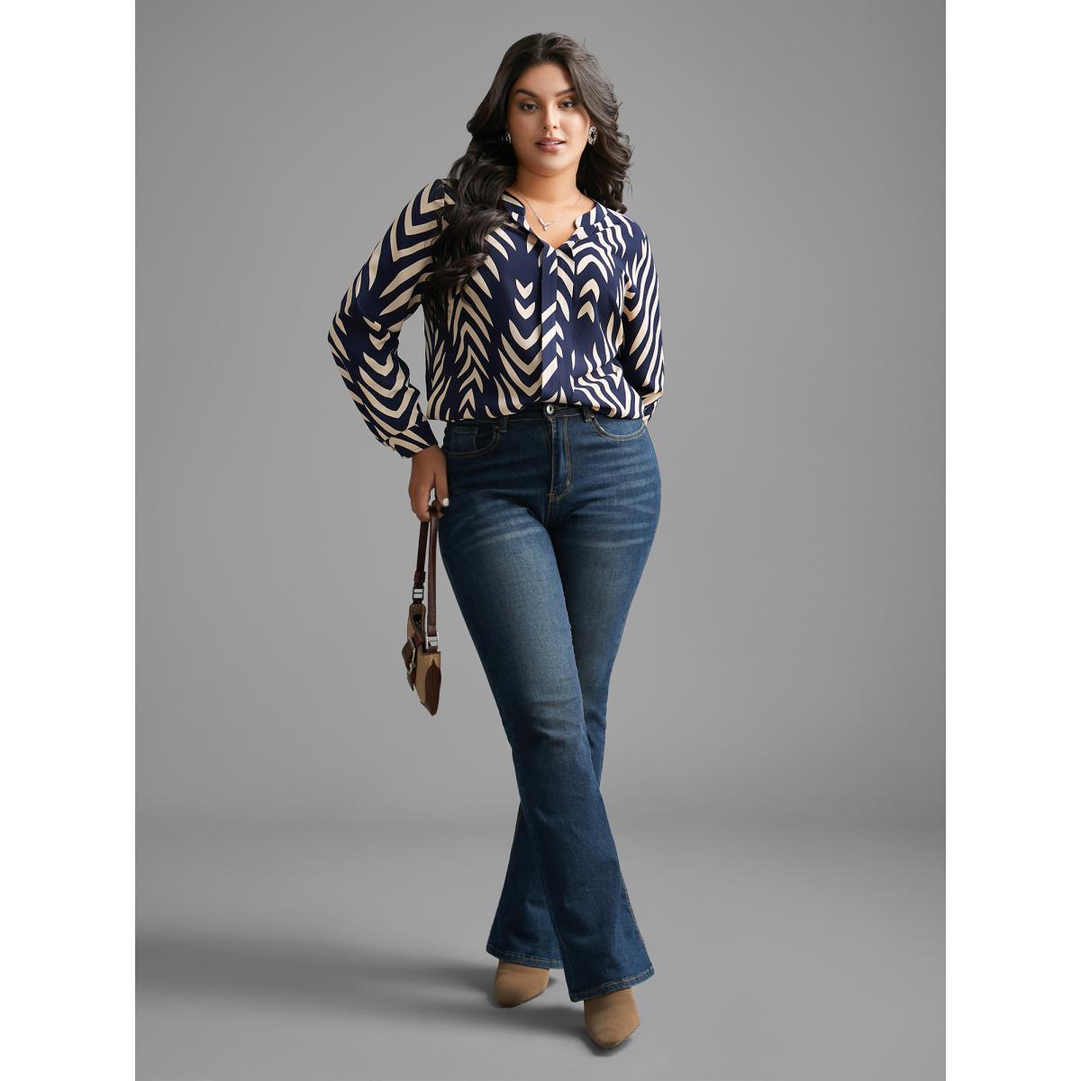 Plus Size Indigo Geometric Notched Pleated Slit Hem Blouse Women At the Office Extra Long Sleeve Notched collar Work Blouses BloomChic 12/L Product Image