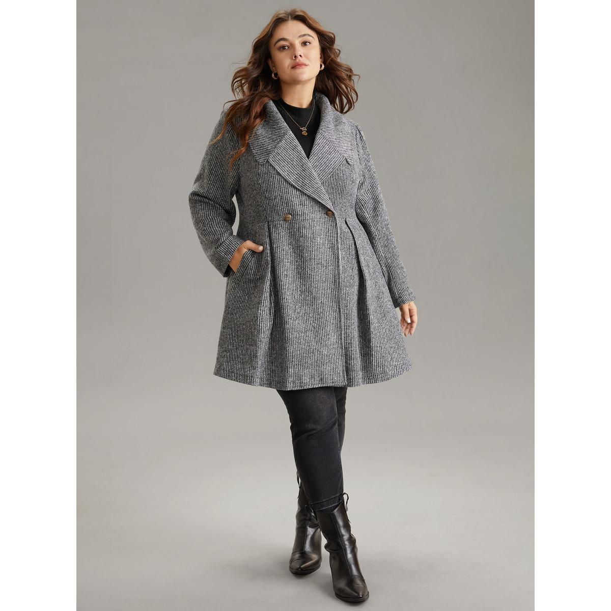 Plus Size Tweed Lapel Collar Double Breasted Plicated Detail Coat Women DimGray Casual Texture Ladies Dailywear Winter Coats BloomChic 26/4X Product Image