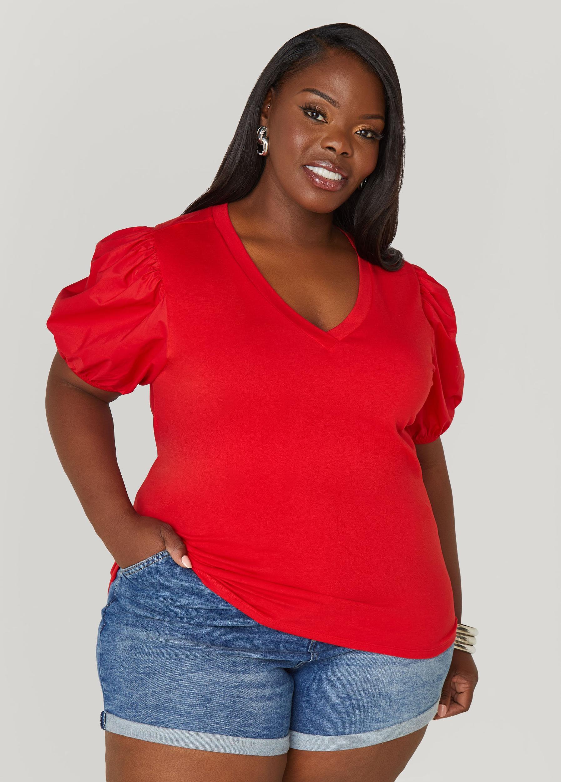 Puff Sleeve Paneled V Neck Tee Product Image