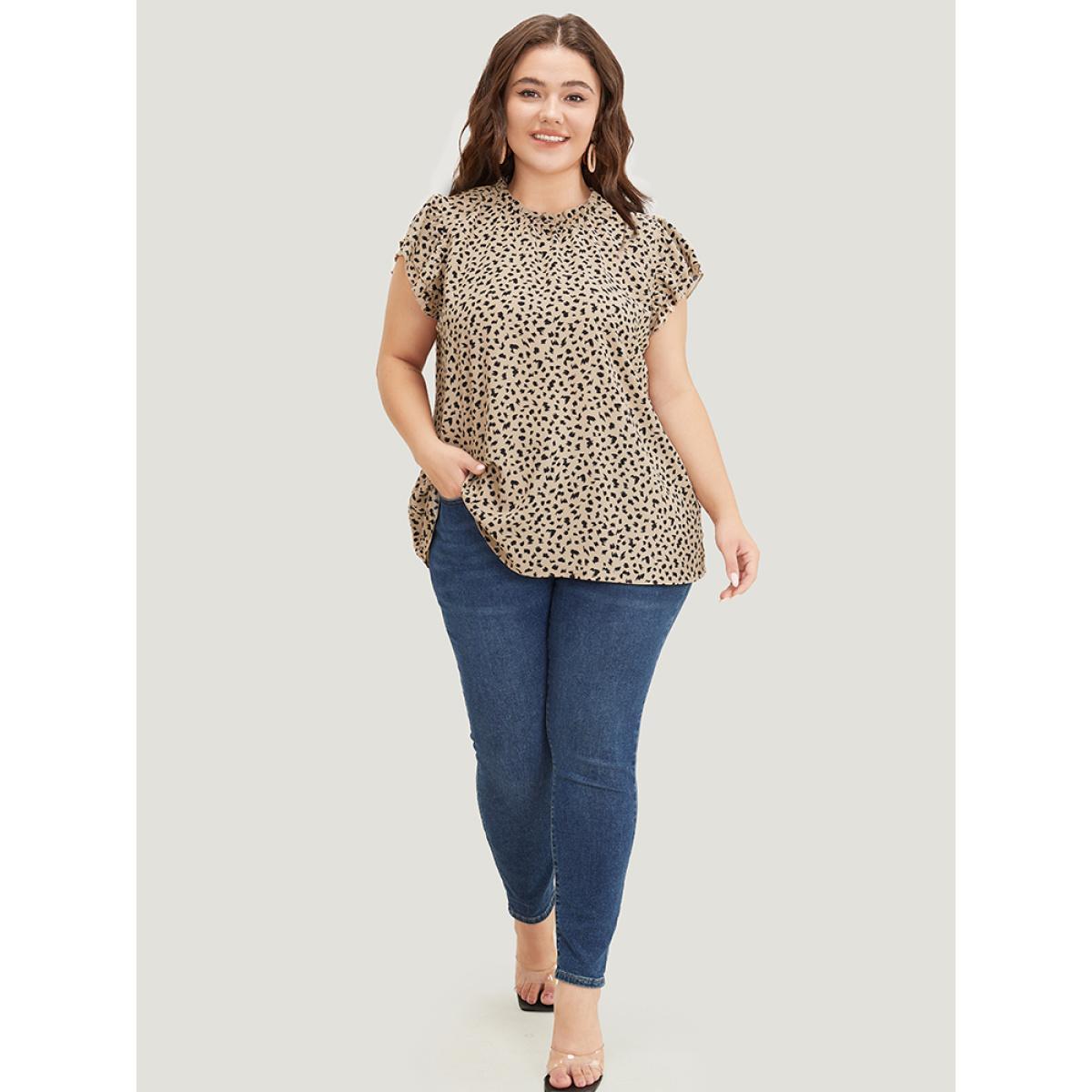 Plus Size Champagne Allover Print Mock Neck Ruffle Layered Sleeve Blouse Women Elegant Cap Sleeve Mock Neck Dailywear Blouses BloomChic 30/6X Product Image
