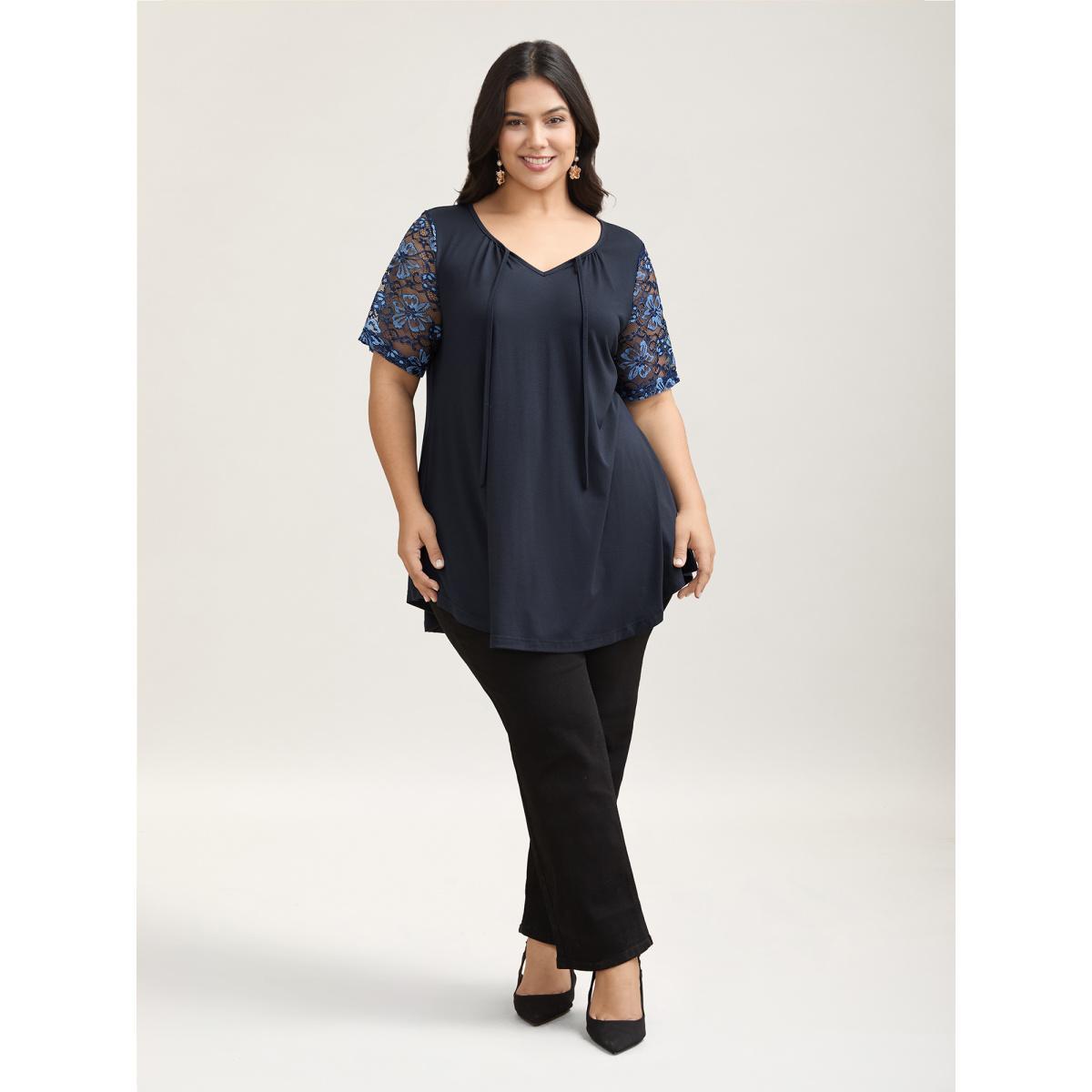 Plus Size Dual-Tone Lace Neck Tie Relaxed T-Shirt Indigo Women Elegant Tie knot V-neck Loose Everyday T-shirts BloomChic 10/M Product Image