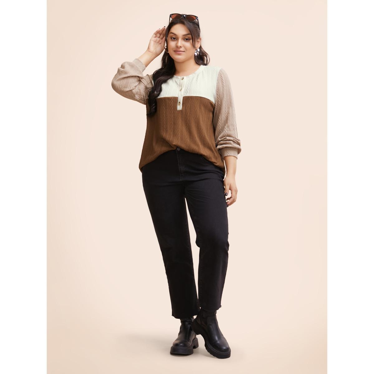 Plus Size Colorblock Contrast Textured Button Up T-shirt Multicolor Women Casual Texture Round Neck Everyday T-shirts BloomChic 26/4X Product Image