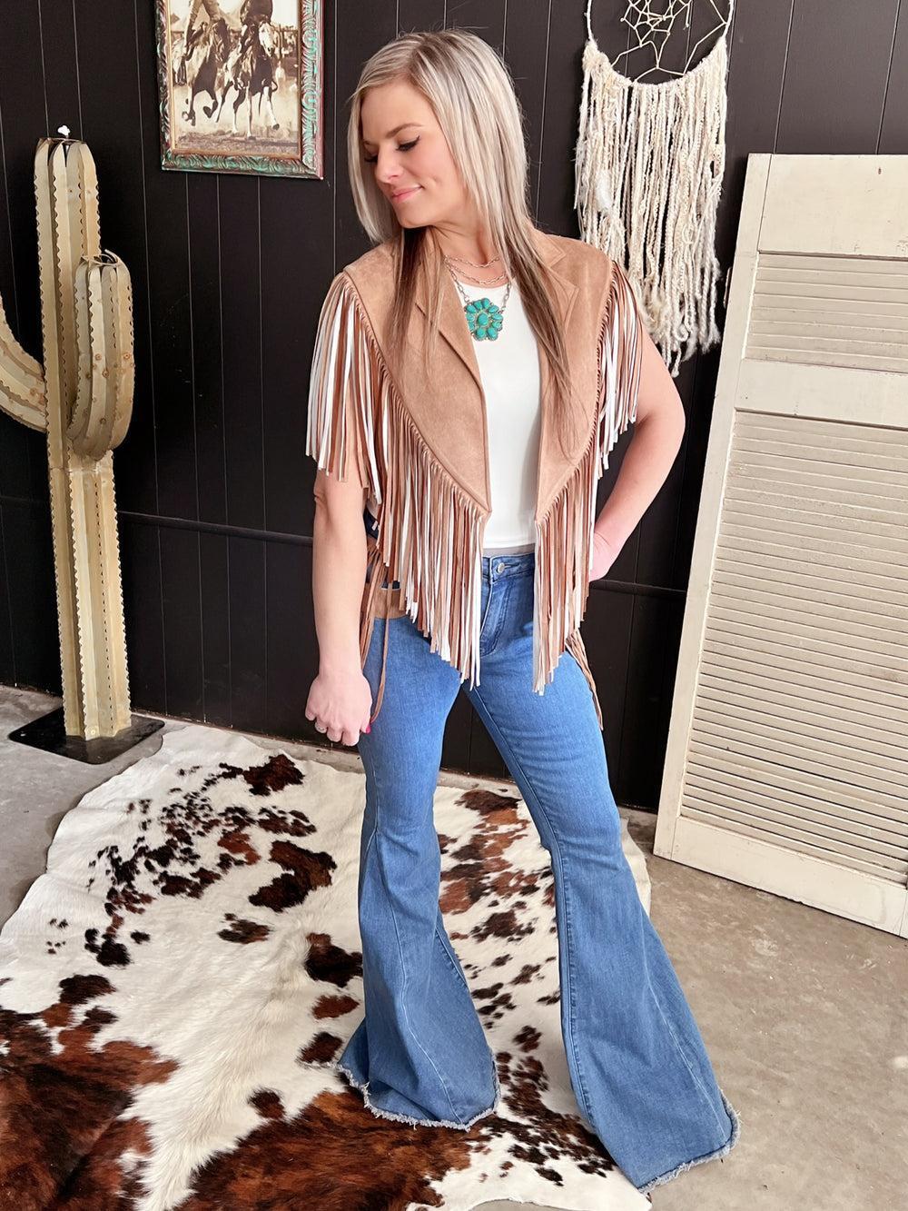 Bell Bottom Denim With Suede Fringe Product Image