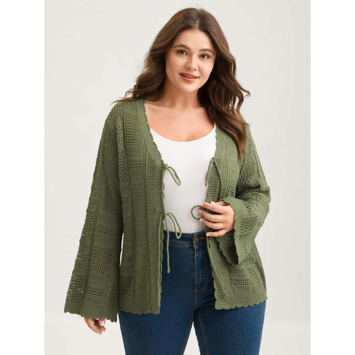 Plus Size Crochet Textured Front-Tie Knit Cardigan Sage Women Loose Long Sleeve Everyday-Casual Cardigans BloomChic 30/6X Product Image