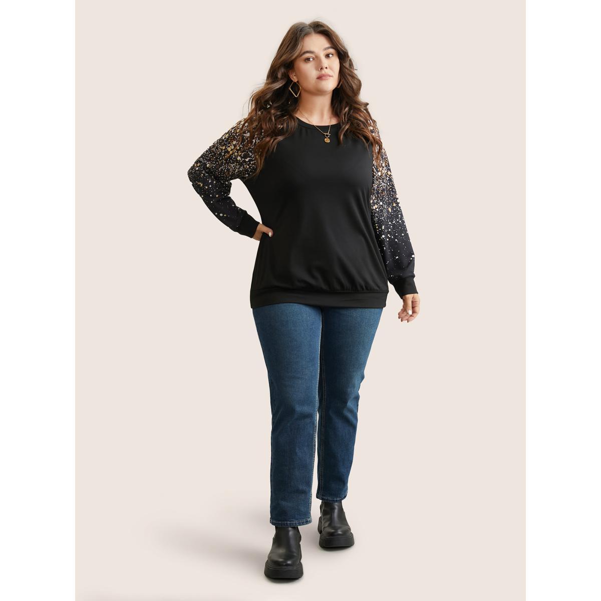 Plus Size Ombre Boho Print Raglan Sleeve T-shirt Black Women Casual Contrast Ombre Round Neck Dailywear T-shirts BloomChic 14-16/1X Product Image