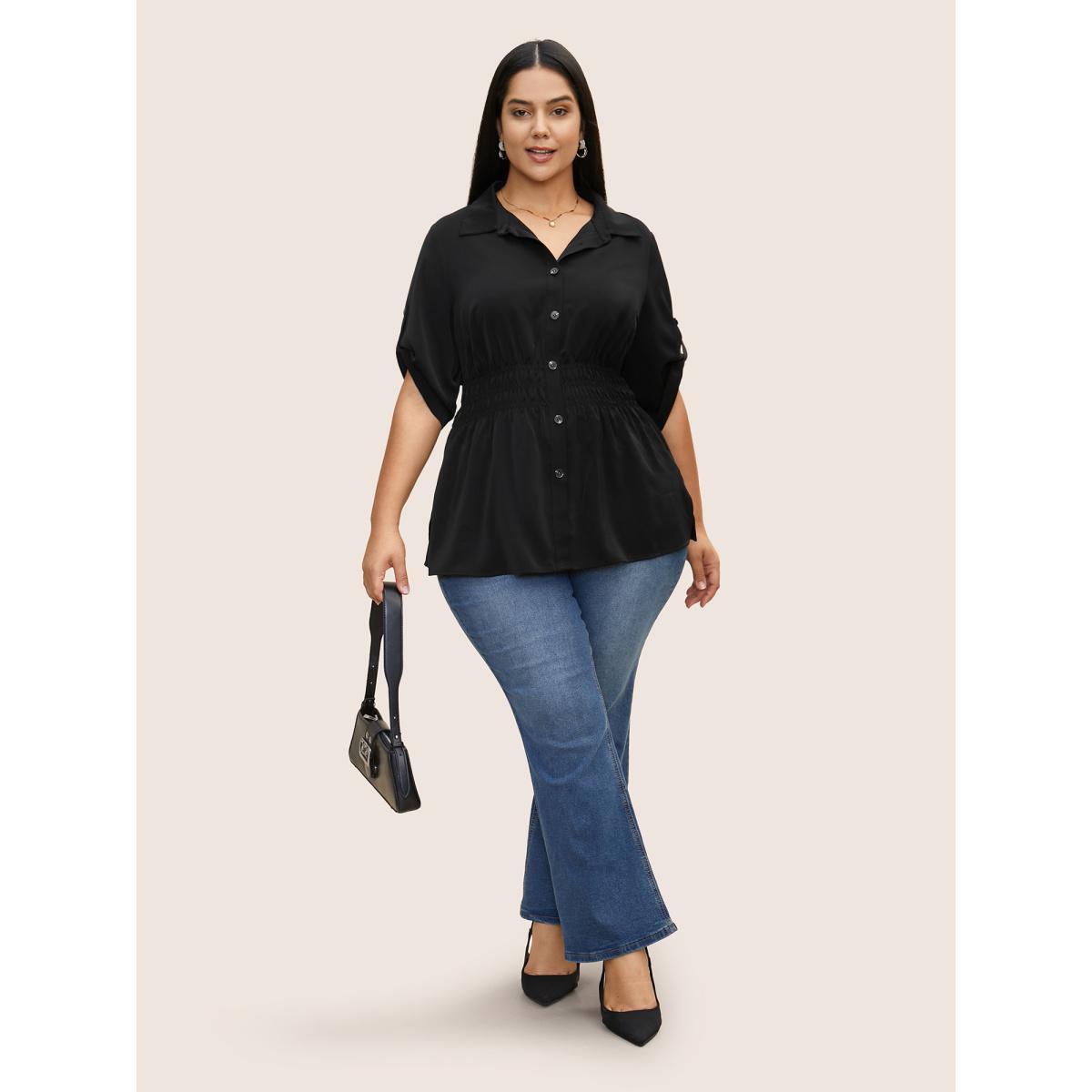 Plus Size Black Shirt Collar Button Cuff Sleeve Blouse Women Work From Home Half Sleeve Shirt collar Work Blouses BloomChic 30/6X Product Image