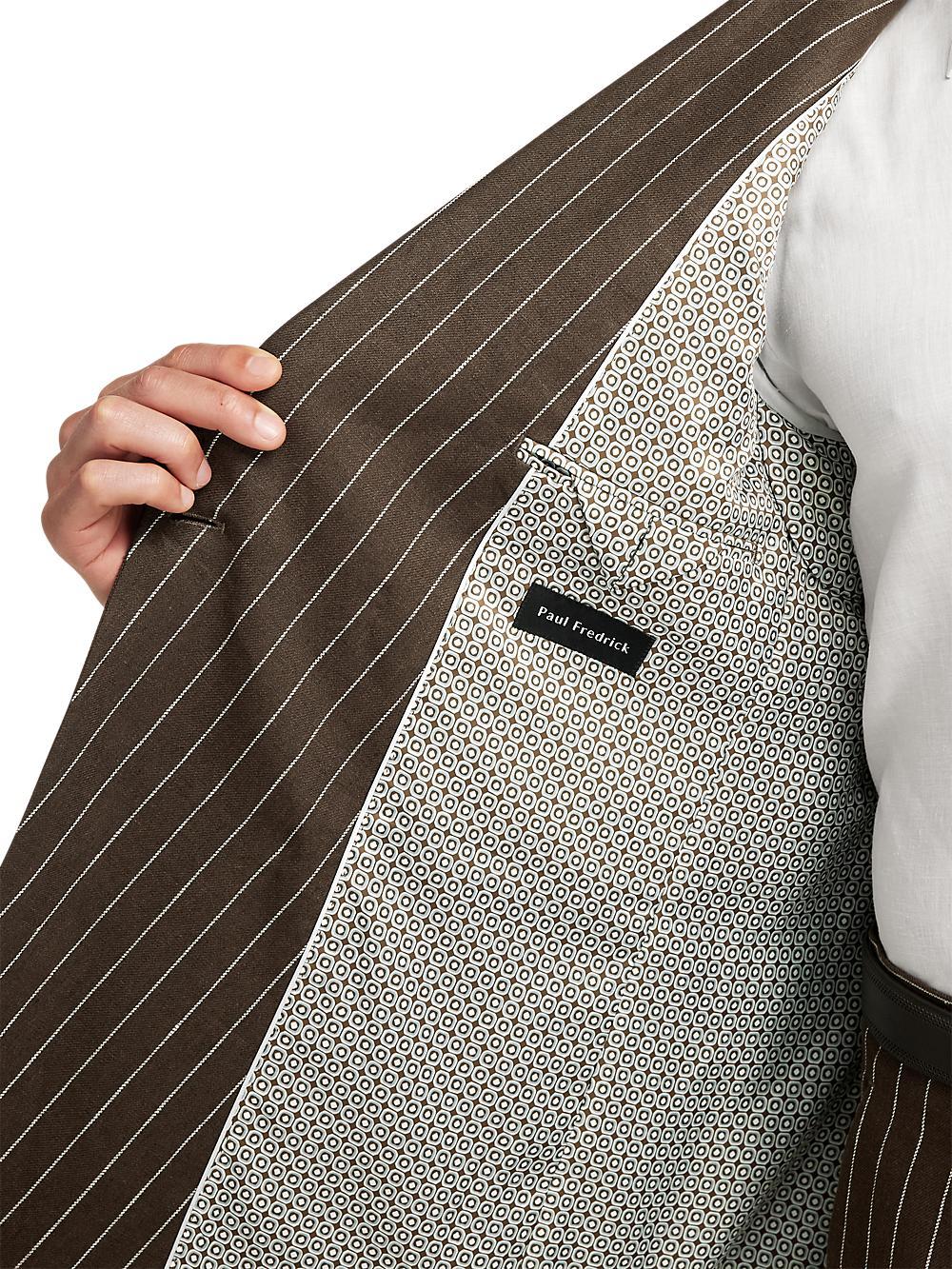 Linen Pinstripe Double Breasted Peak Lapel Suit Jacket - Dark Brown Product Image