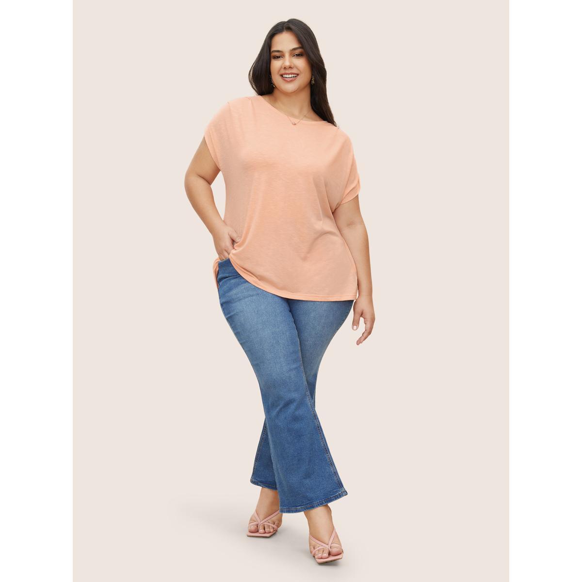 Plus Size Plain Round Neck Gathered Batwing Sleeve T-shirt Crepe Women Elegant Gathered Round Neck Everyday T-shirts BloomChic 10/M Product Image
