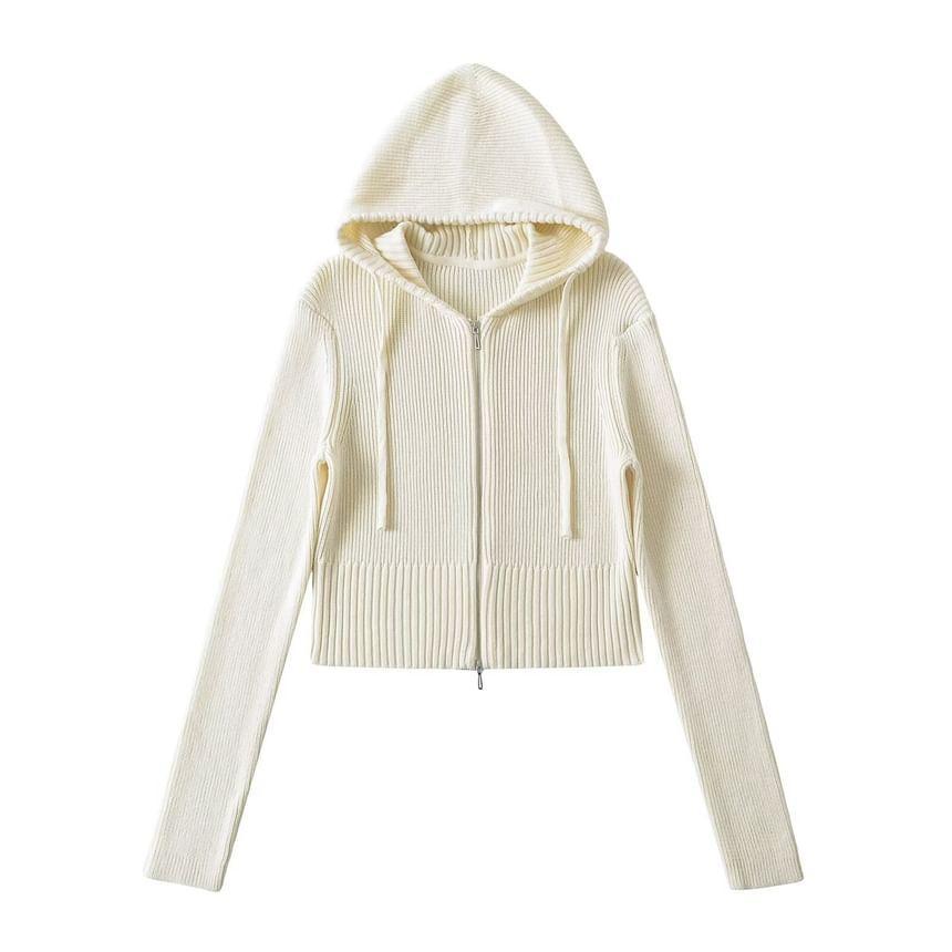 Plain Zip-Up Crop Knit Hoodie Product Image