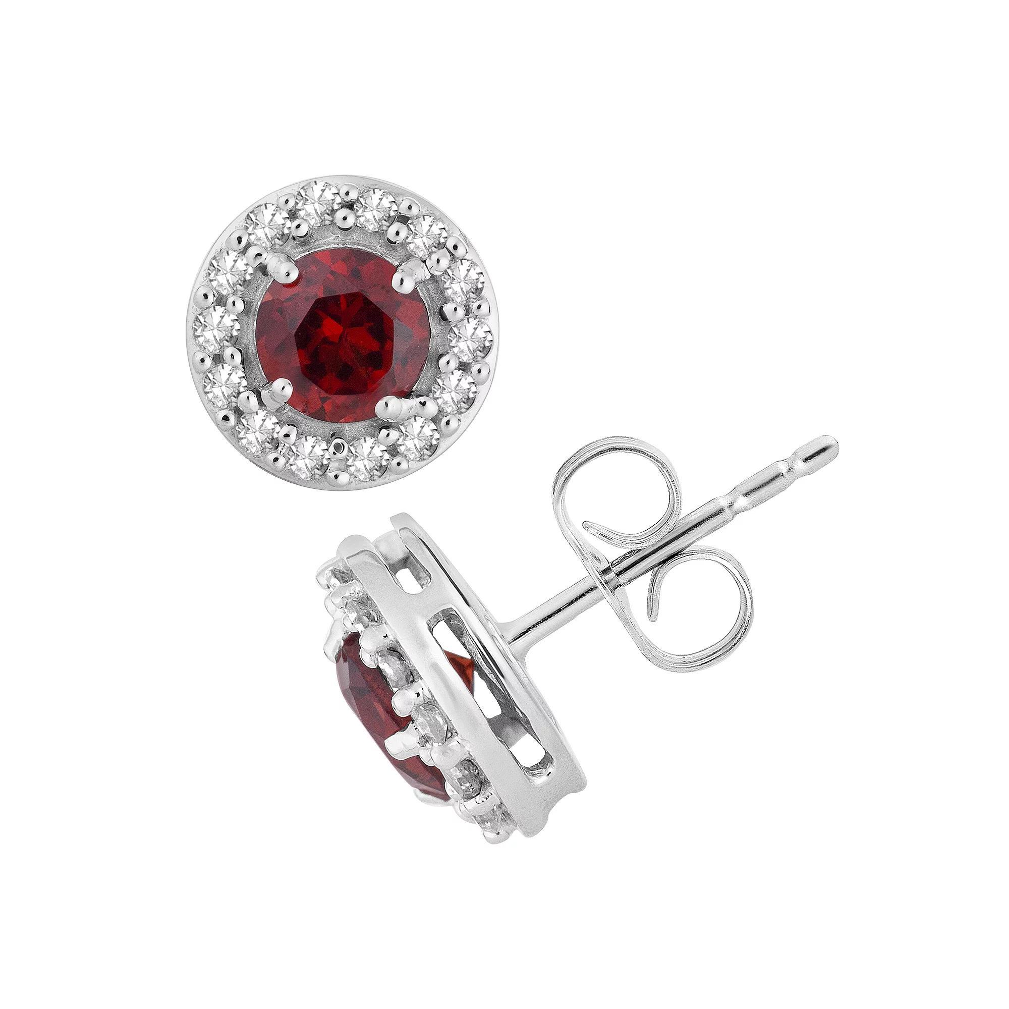 10k White Gold Garnet & 1/6 Carat T.W. Diamond Halo Stud Earrings, Women's, Size: 18", 10k Whgold Product Image