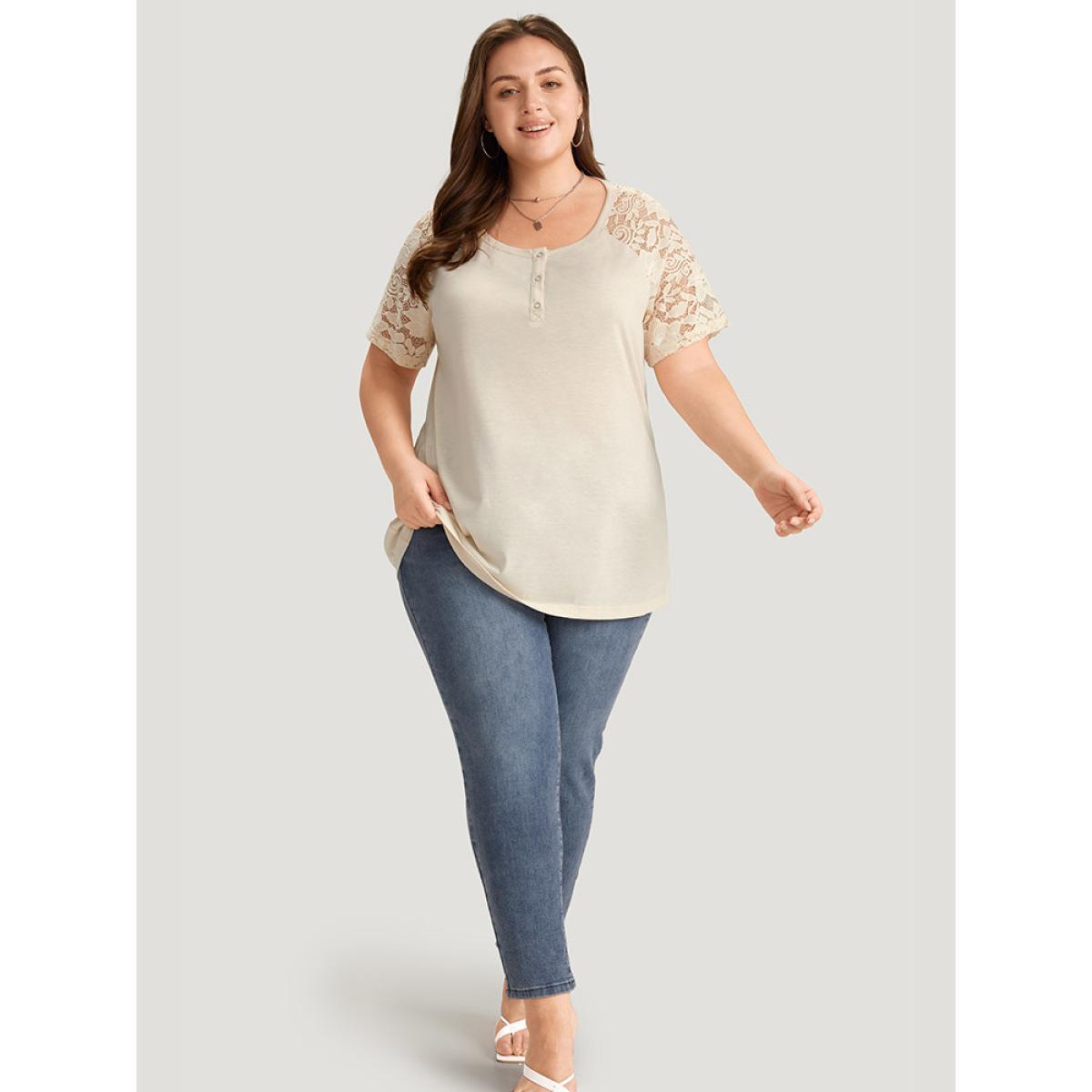 Plus Size Solid Raglan Sleeve Contrast Lace T-shirt Ivory Women Elegant Plain Round Neck Dailywear T-shirts BloomChic 28/5X Product Image