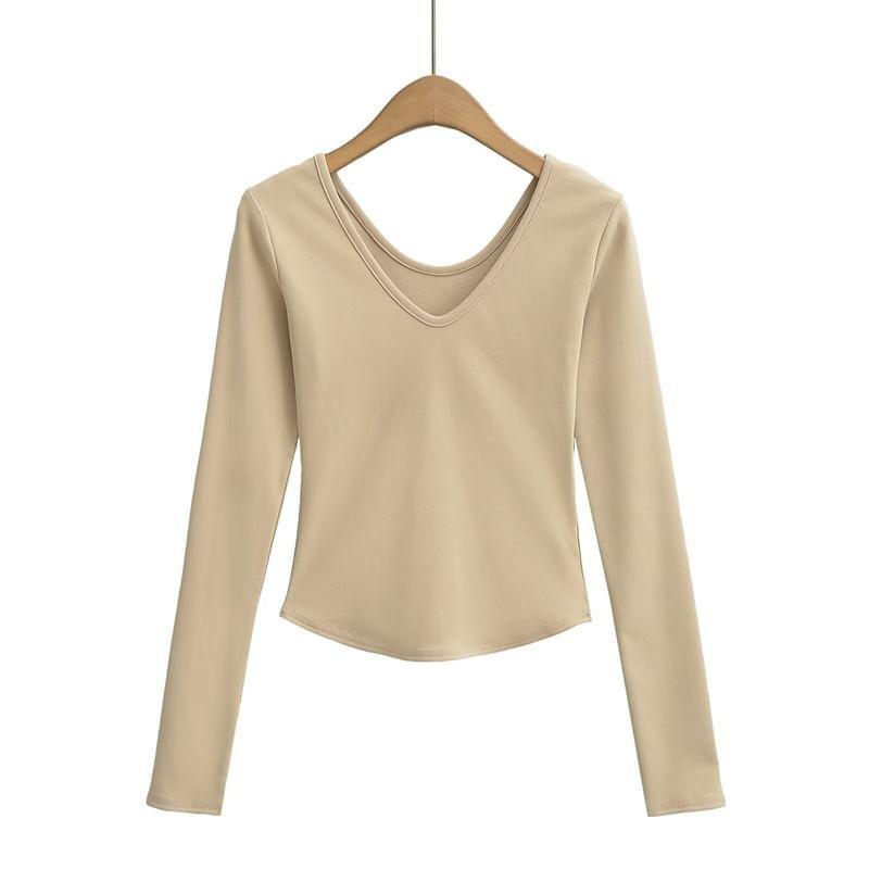 Long-Sleeve V-Neck Plain T-Shirt Product Image