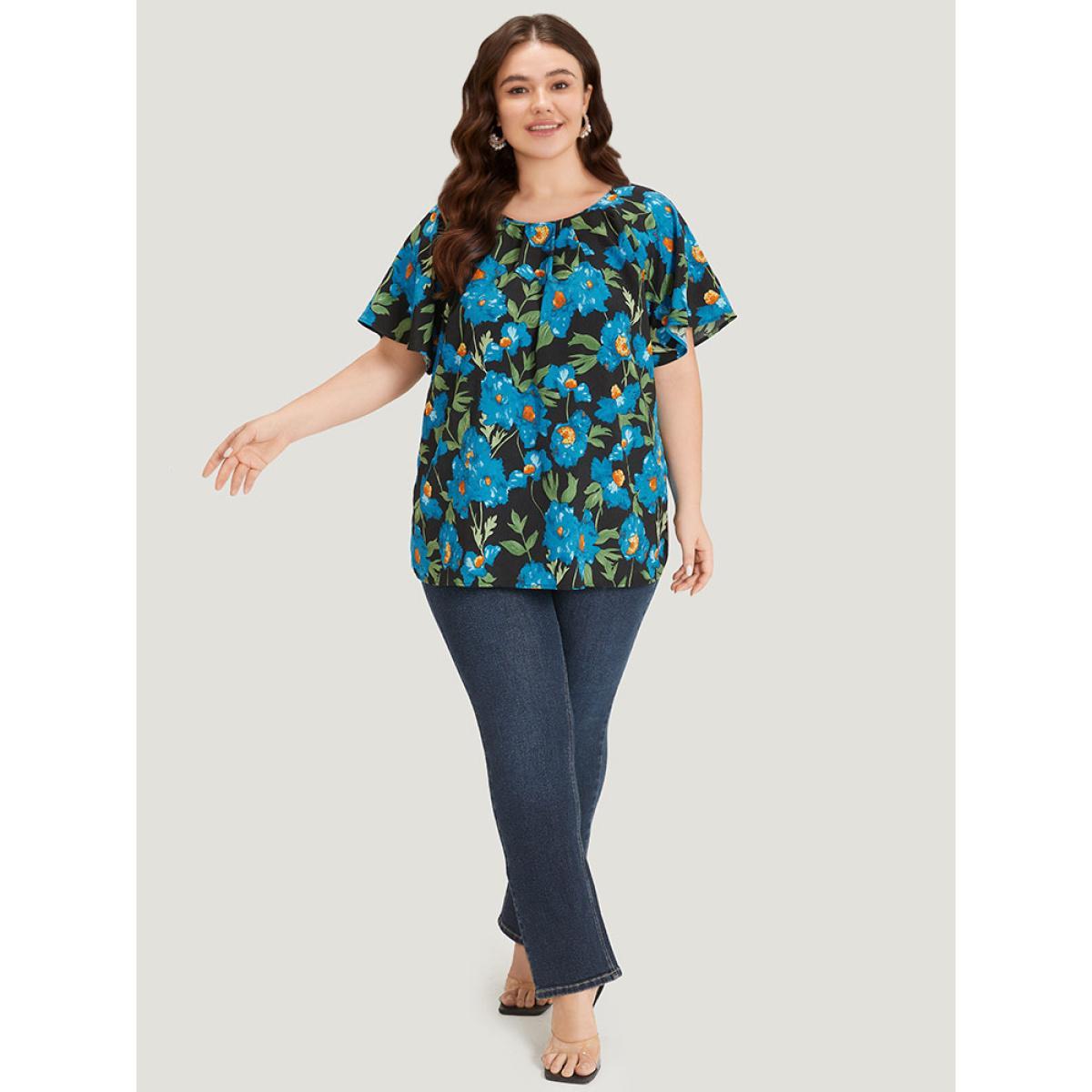 Plus Size Black Floral Print Raglan Sleeve Pleated Flutter Blouse Women Glamour Short sleeve Round Neck Going out Blouses BloomChic 30/6X Product Image