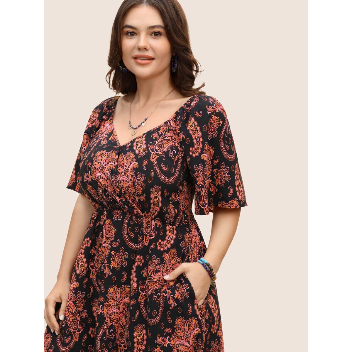 Plus Size Overlap Collar Boho Print Ruffle Sleeve Dress Black Women Resort Gathered Overlap Collar Short sleeve Curvy BloomChic 10/M Product Image