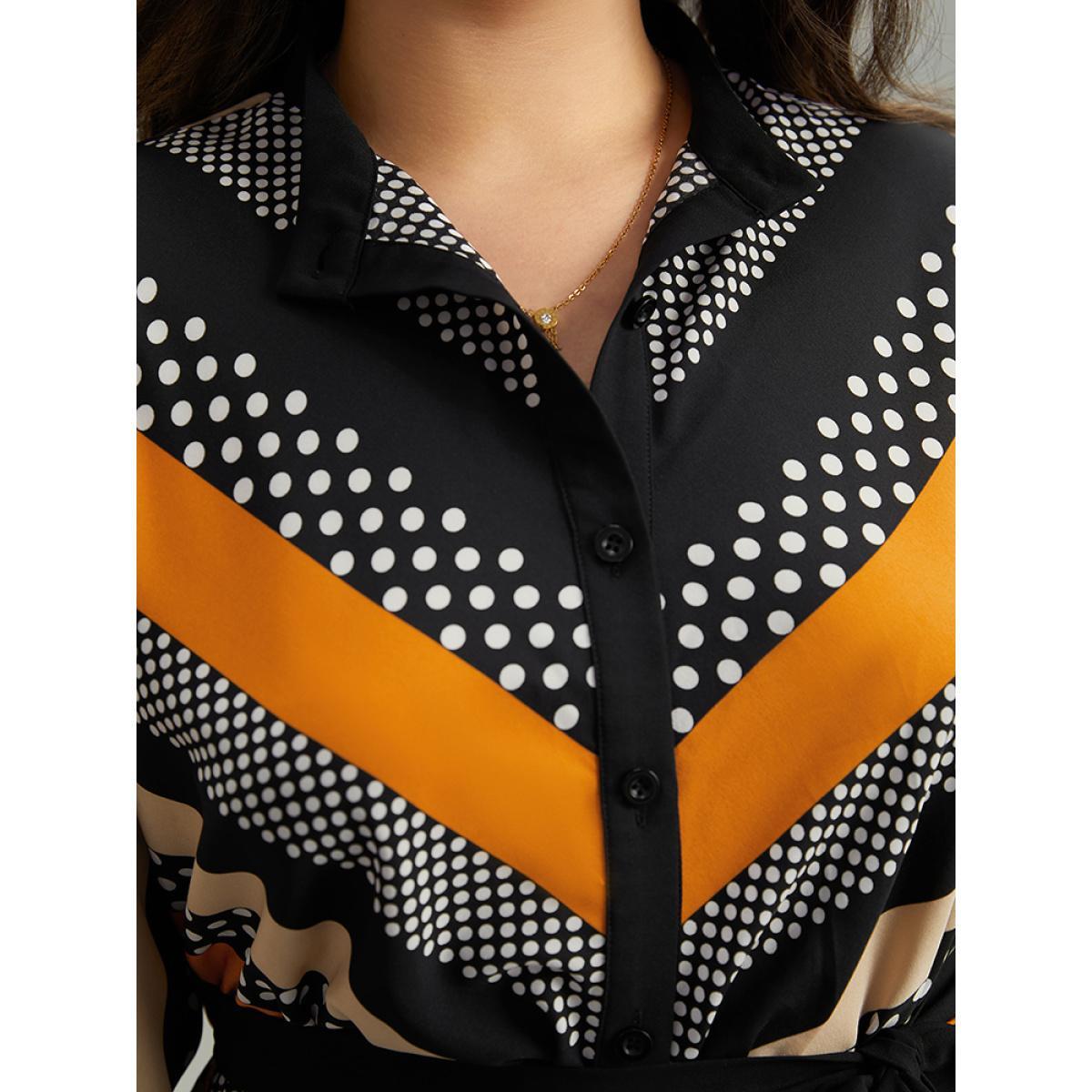 Plus Size Polka Dot Striped Belted Button Through Dress Orange Women At the Office Belted Mock Neck Long Sleeve Curvy Midi Dress BloomChic 12/L Product Image
