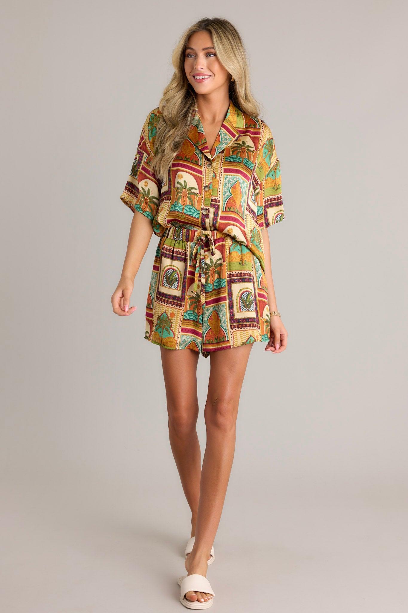 Exotic Escape Tropical Print Multi Button Front Top Product Image