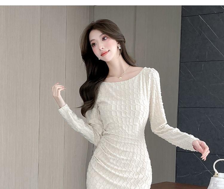 Long Sleeve Round Neck Plain Bodycon Midi Dress Product Image