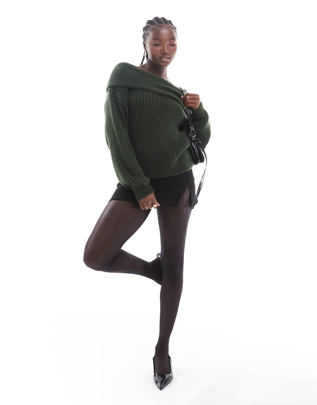 ASOS DESIGN oversized knit off shoulder sweater in forest green Product Image