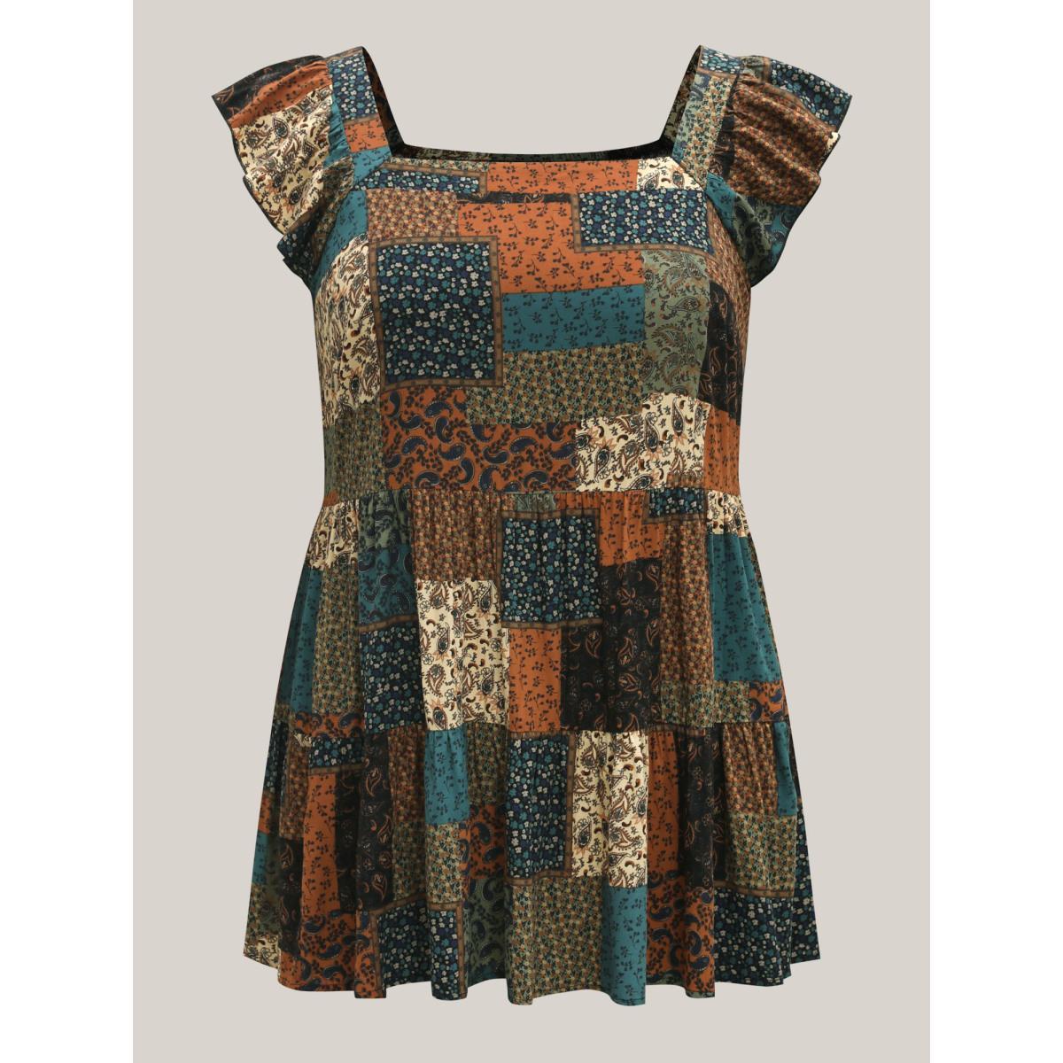 Plus Size Floral Collage Print Layered Tank Top Women Multicolor Gathered Square Neck Vacation Tank Tops Camis BloomChic 18-20/2X Product Image
