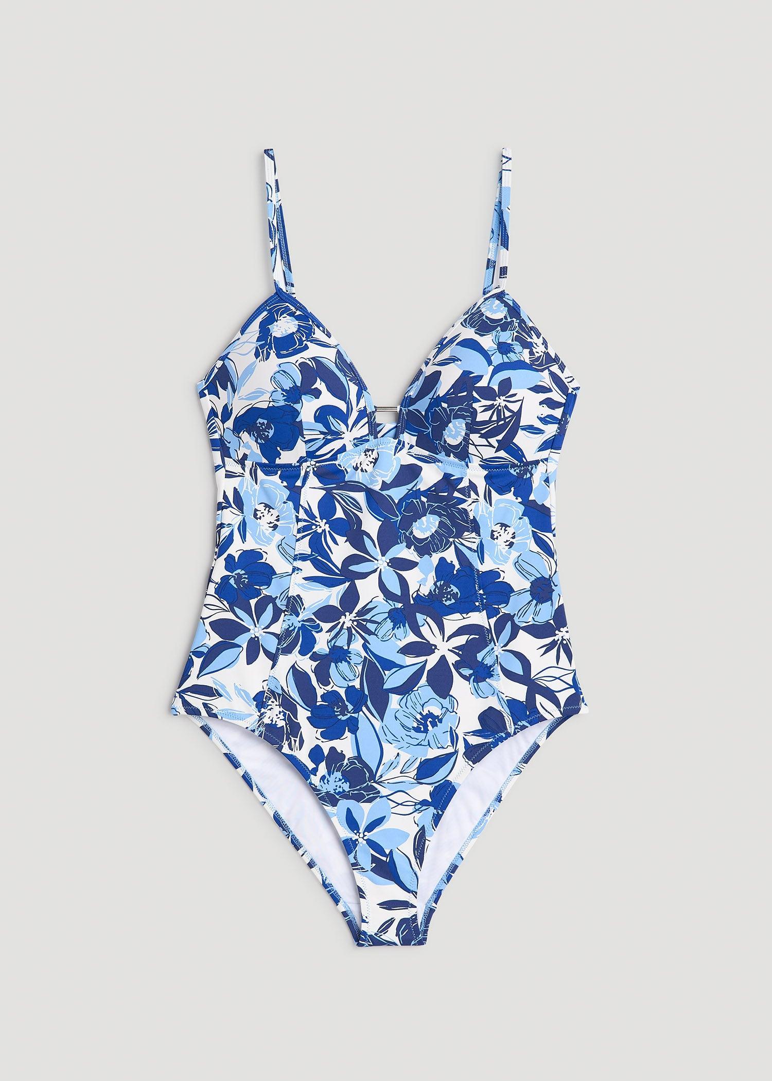 Low Cut One-Piece Swimsuit for Tall Women in Blue and White Floral Product Image