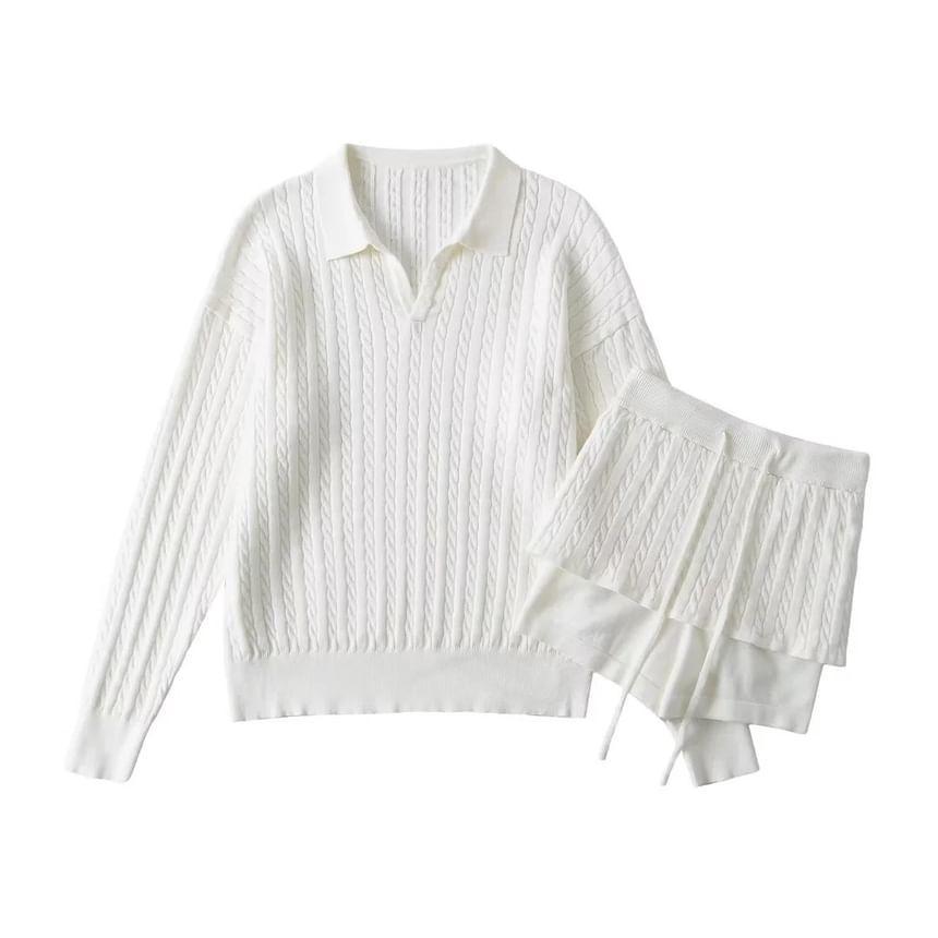 Polo Collared Plain Cable Knit Sweater Product Image