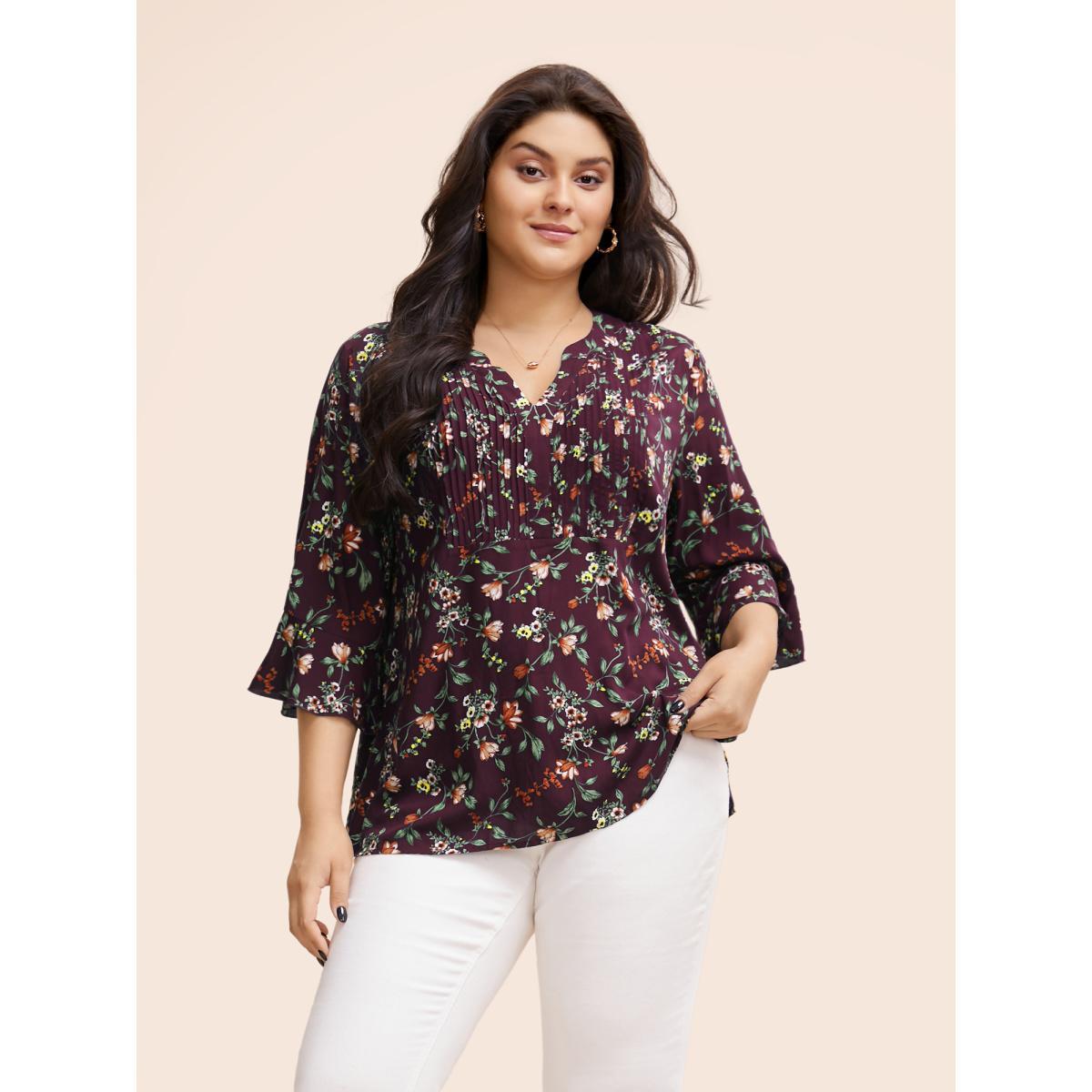 Plus Size Plum Ditsy Floral Pleated Flutter Sleeve Blouse Women Elegant Elbow-length sleeve Flat collar with V-notch Everyday Blouses BloomChic 22-24/3X Product Image