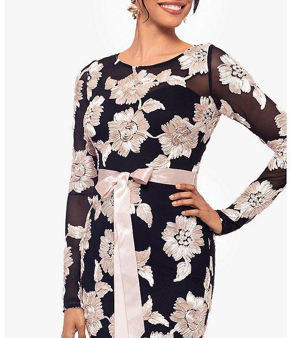 Betsy & Adam Floral Embroidered Mesh Crew Neck Long Sleeve Tie Waist Gown Product Image